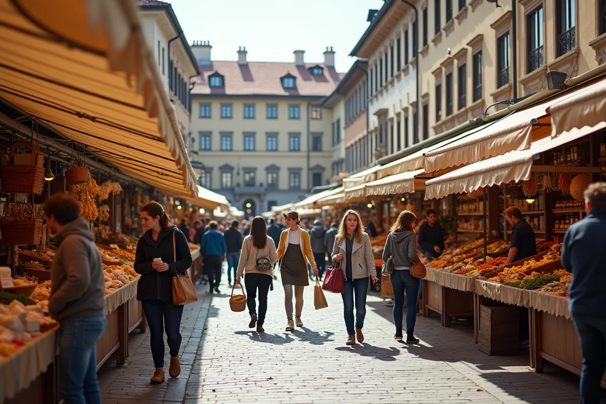 Marché en plein air animé sur une place centrale avec étals de produits locaux à Ljubljana ou Zagreb