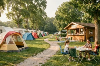 Vue générale d'un camping typique de l'Oise avec tentes, caravanes et arbres en été