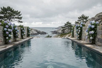 Piscine extérieure de luxe avec vue sur la côte bretonne et ses falaises de granite