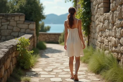 Jeune femme devant le monastère de Lokrum en méditation