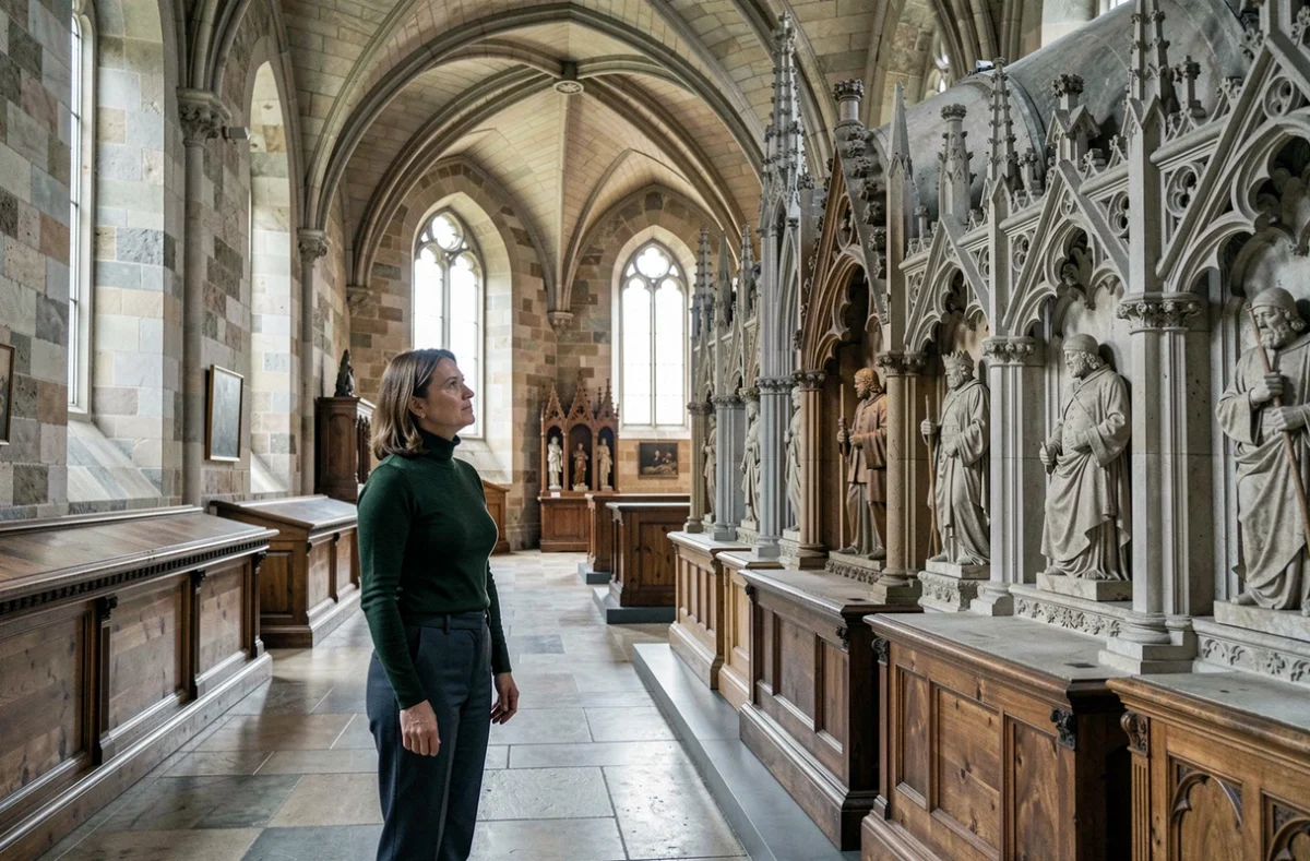 Salle des Gardes du Musée des Beaux-Arts de Dijon avec les tombeaux gothiques des Ducs de Bourgogne et une visiteuse