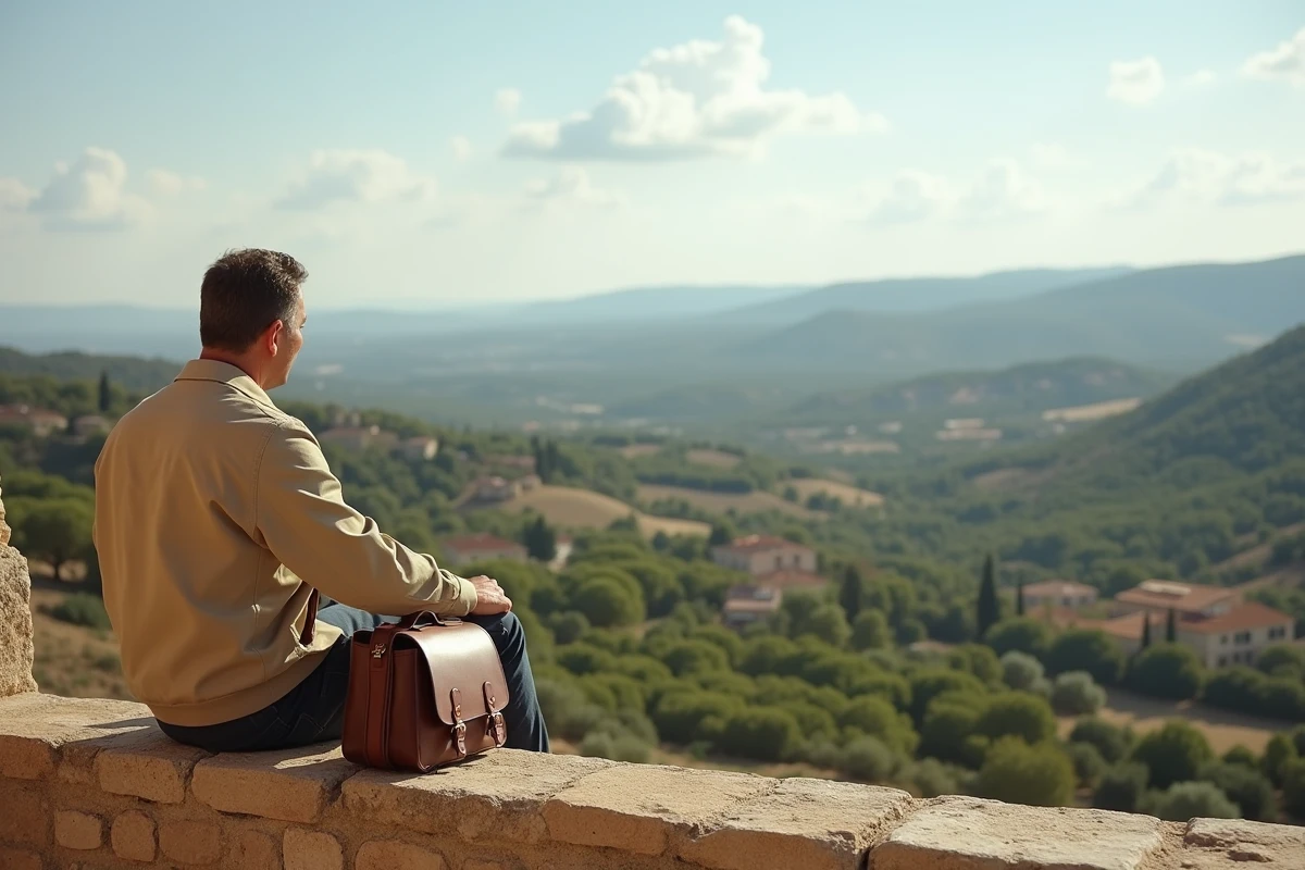 Homme admirant le panorama de la vallée du Luberon depuis le belvédère du village de Gordes en été