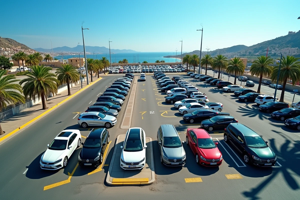 Vue aérienne d'un parking extérieur bondé près du port de Málaga avec zones jaunes interdites