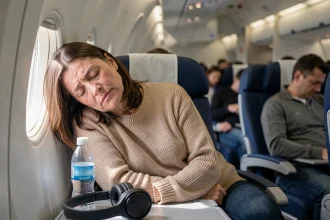 Passagère fatiguée endormie contre le hublot d'un avion long-courrier Paris Sydney