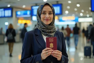 Femme tenant un passeport biométrique marocain à l'aéroport de Casablanca, illustration voyage au Maroc 2026