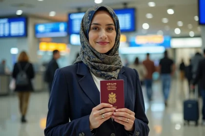 Femme tenant un passeport biométrique marocain à l'aéroport de Casablanca, illustration voyage au Maroc 2026