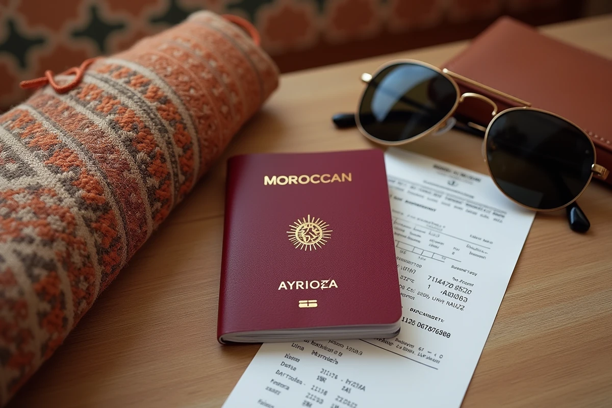 Passeport biométrique marocain posé avec des documents de voyage sur fond de décor traditionnel marocain, Marrakech