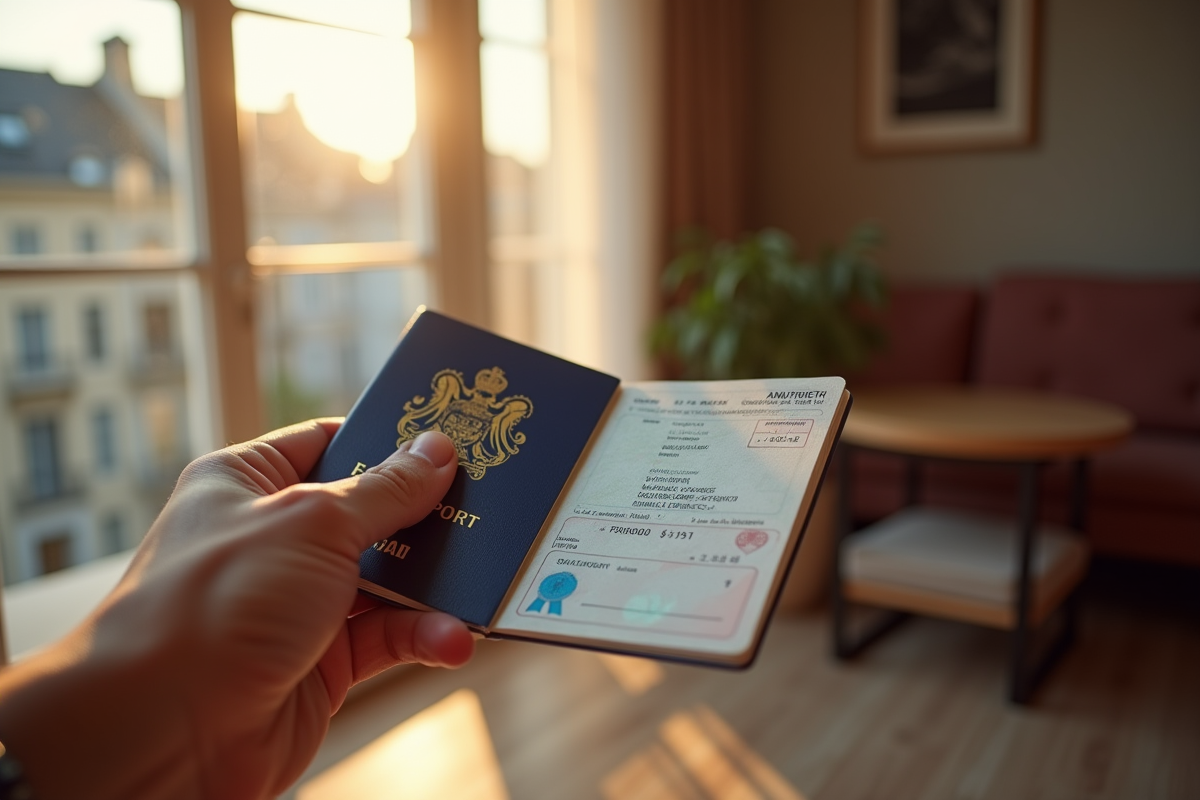 Main tenant un passeport avec visa français dans un intérieur calme et lumineux
