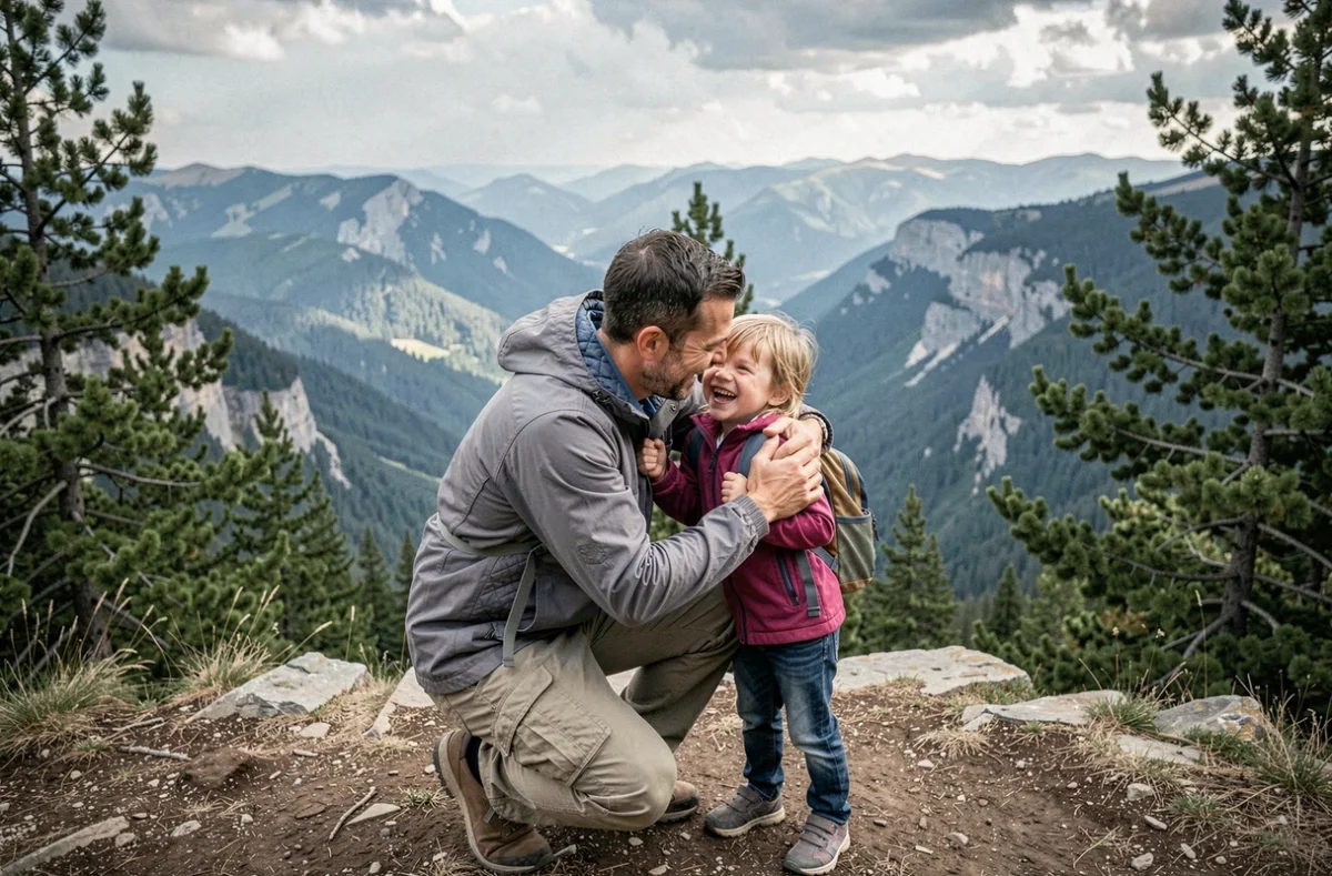 Père et enfants profitant d'une randonnée en famille dans les montagnes pendant les vacances