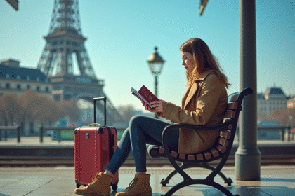 Jeune personne assise sur un banc dans une gare française ensoleillée avec documents de voyage