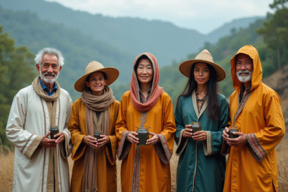 Cinq personnes en vêtements traditionnels représentant le climat mondial