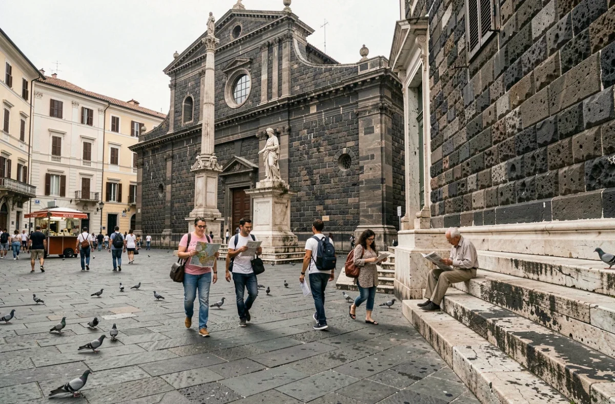Piazza del Gesù Nuovo à Naples avec la guglia baroque et la façade de l'église en pierre de lave et des promeneurs