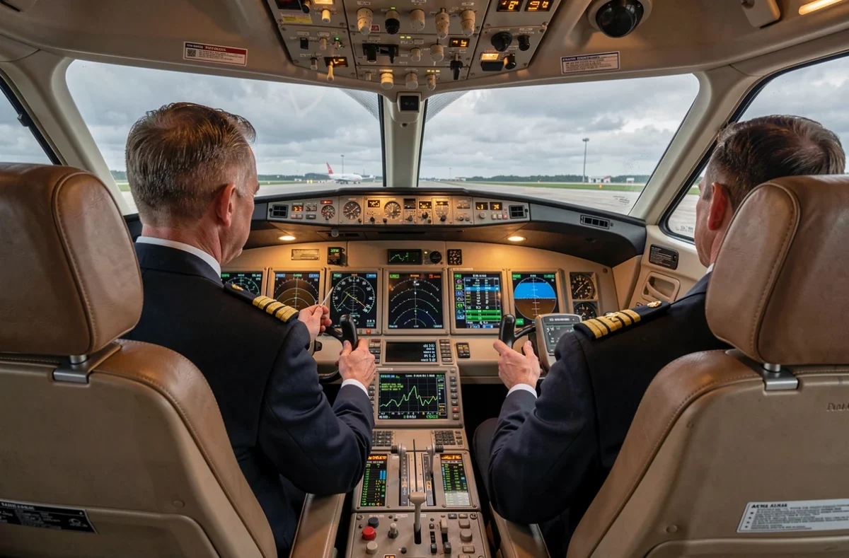 Commandant de bord Transavia en cockpit effectuant les vérifications pré-vol des instruments de navigation