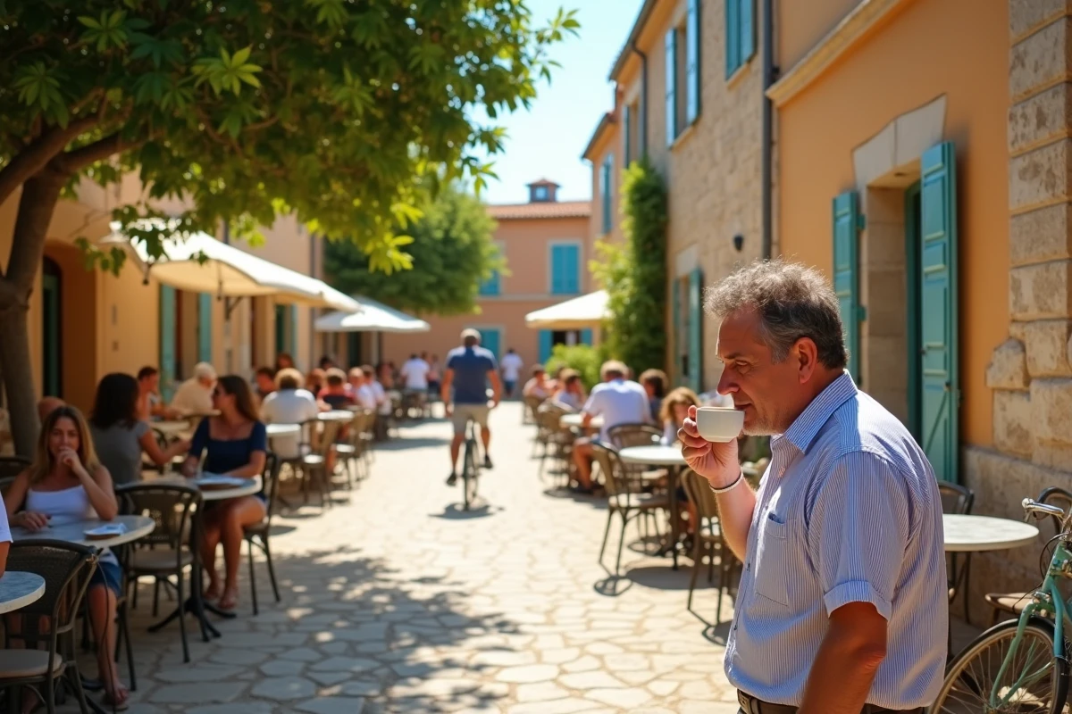 Place du village animée de Porquerolles avec terrasses de café ombragées sous des platanes et architecture provençale typique en été