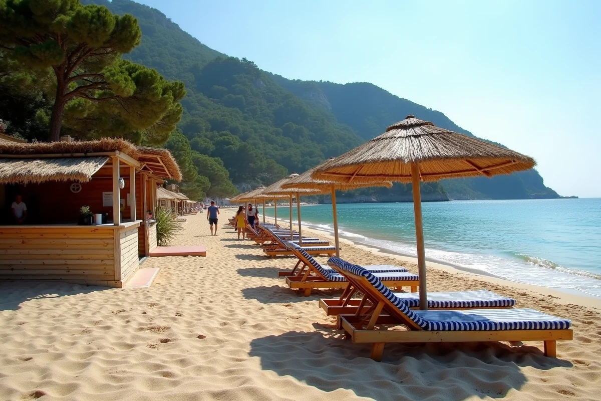 Plage aménagée de Rayol-Canadel avec transats en bois, bar de plage et massif des Maures en arrière-plan