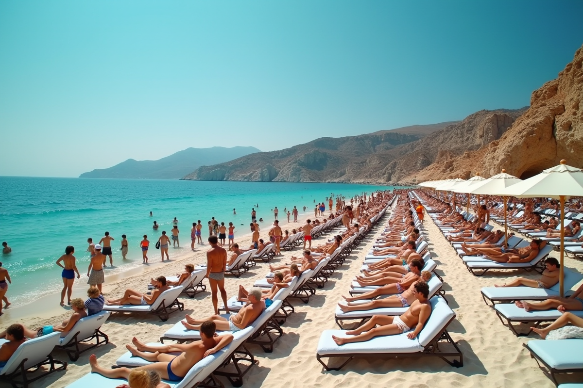Plage bondée avec touristes sous le soleil en Crète
