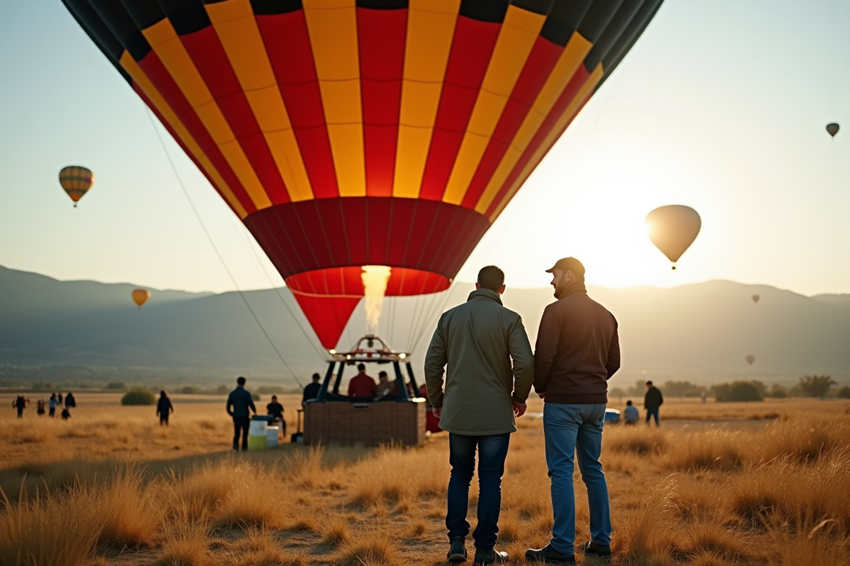 Deux hommes préparant un ballon dans un champ turc