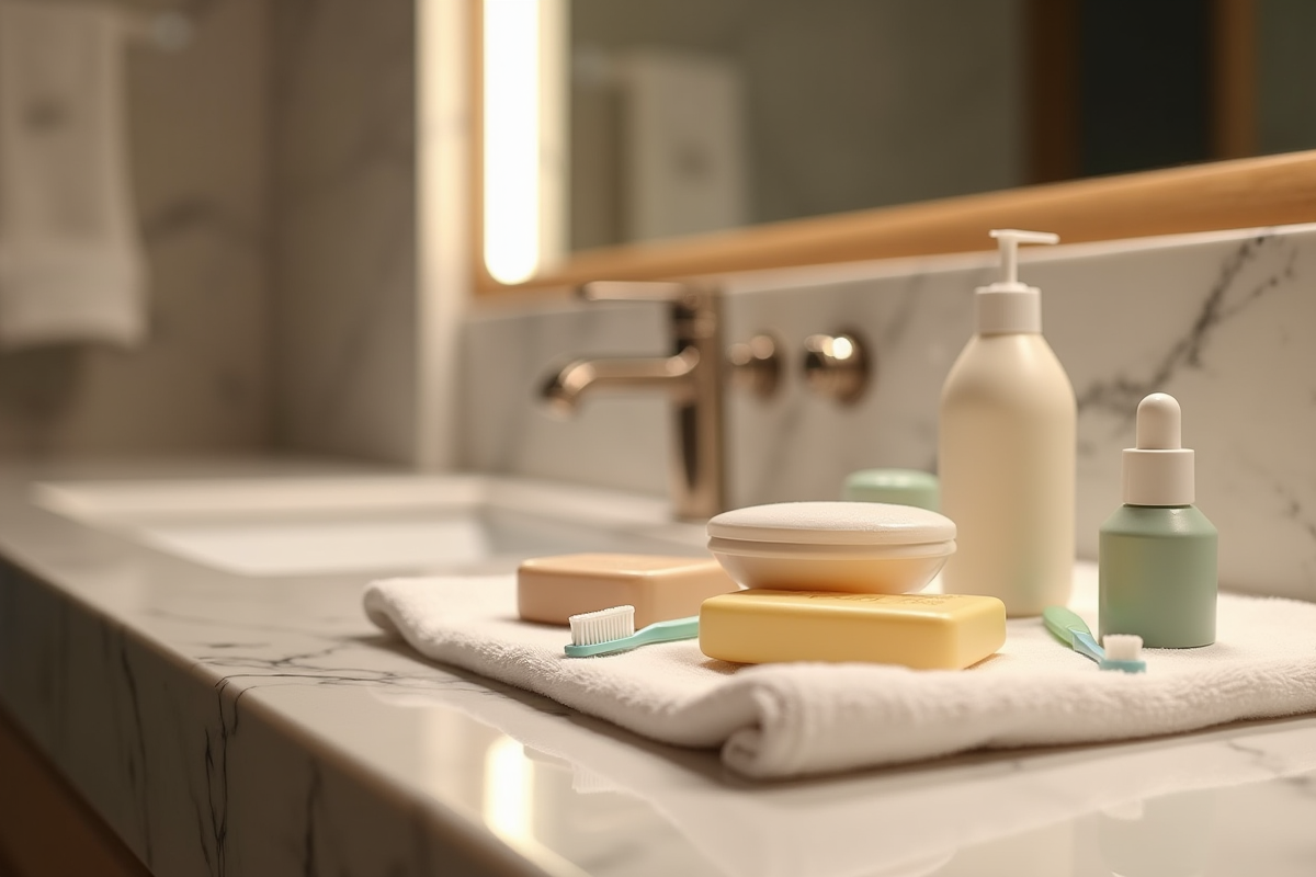 Produits de toilette sur un comptoir de salle de bain boutique