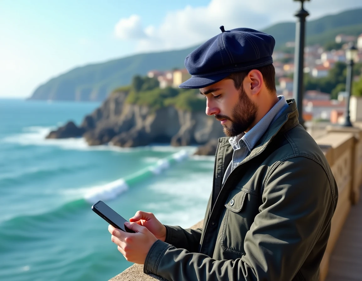 Homme consultant un guide de voyage sur smartphone depuis la promenade côtière du Pays basque avec vue sur le port et l'océan Atlantique