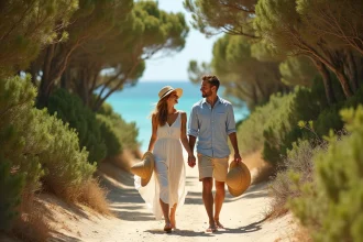 Couple se promenant sur un sentier ombragé de l'île de Porquerolles entouré de pins et d'eucalyptus avec vue sur la mer turquoise