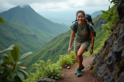 Jeune femme randonneuse sur un sentier rocheux à la Réunion