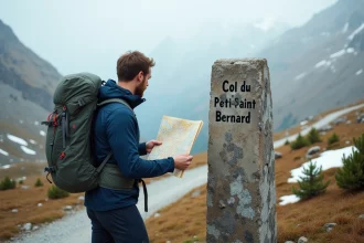 Randonneur consultant une carte topographique près d'une borne kilométrique au col du Petit-Saint-Bernard