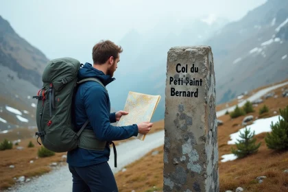Randonneur consultant une carte topographique près d'une borne kilométrique au col du Petit-Saint-Bernard