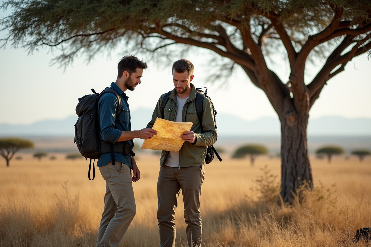 Deux randonneurs regardant une carte sous un arbre acacia