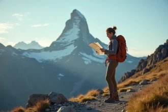 Randonneuse solitaire consultant une carte sur un sentier alpin désert au lever du soleil près de la Tour de Piz, stratégie pour éviter la foule en haute saison