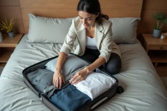Femme qui plie et range des vêtements dans un jump valise cabine posé sur un lit, optimisant chaque compartiment