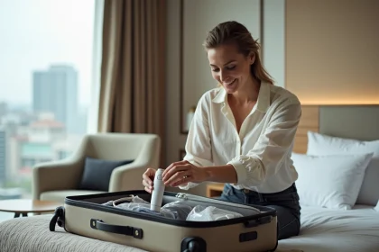 Femme préparant ses bagages à main avec un rasoir électrique dans une trousse de toilette transparente pour l'avion