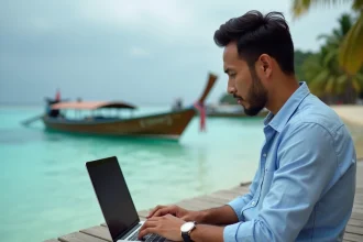 Homme réservant un bateau en ligne depuis un quai tropical avec vue sur la mer turquoise de Gili