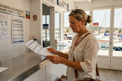 Femme consultant les horaires de ferry au guichet du port pour réserver une traversée vers Porquerolles