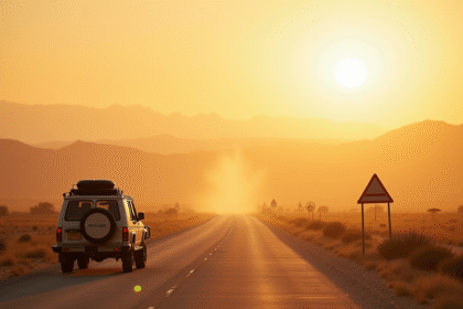 Route dans le désert namibien avec 4x4 et panneau de danger