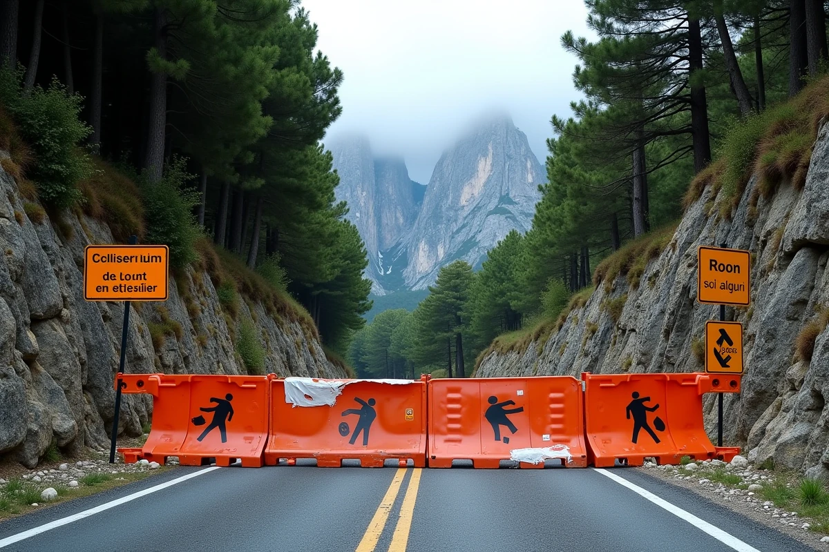 Route fermée dans le nord de la Corse avec des barrières de chantier et des débris de rochers sur la chaussée