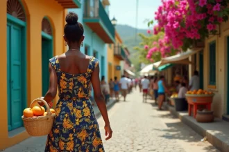Femme haïtienne en robe colorée marchant dans une rue pavée animée avec des bâtiments coloniaux pastel