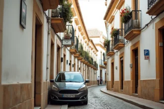 Rue étroite du centre historique de Málaga avec panneau de stationnement interdit et voiture compacte