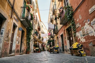 Ruelle pavée du centre historique de Naples avec balcons fleuris et linge étendu entre des façades en terre cuite