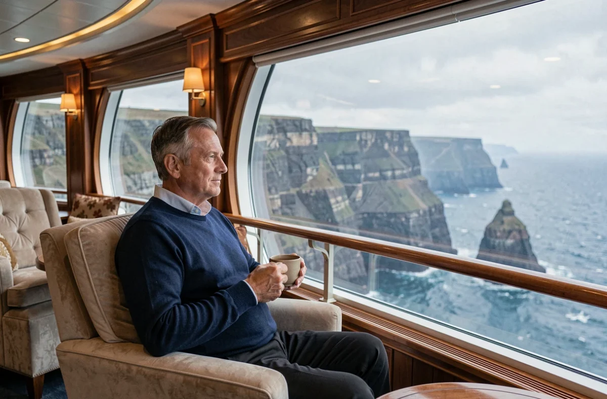 Passager dans le salon panoramique d'un paquebot avec vue sur les côtes atlantiques