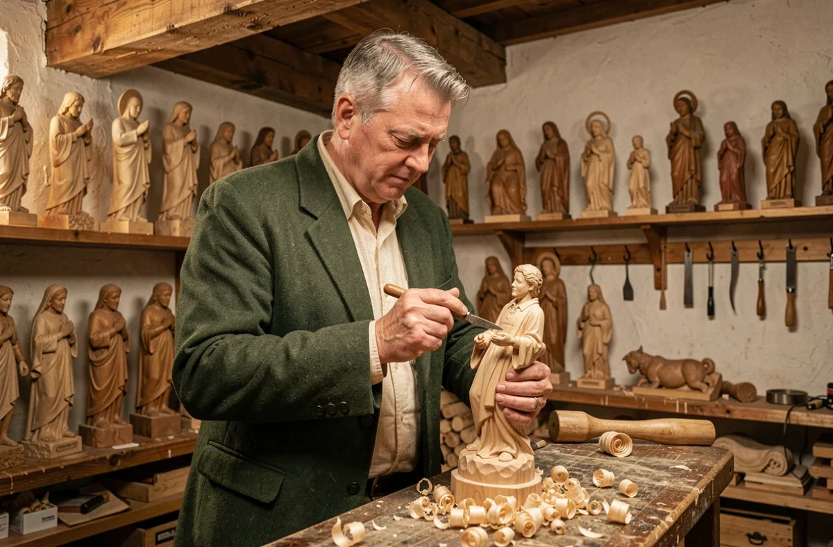 Artisan sculpteur sur bois dans son atelier traditionnel d'Oberammergau en Bavière, travaillant une figurine en bois avec un ciseau