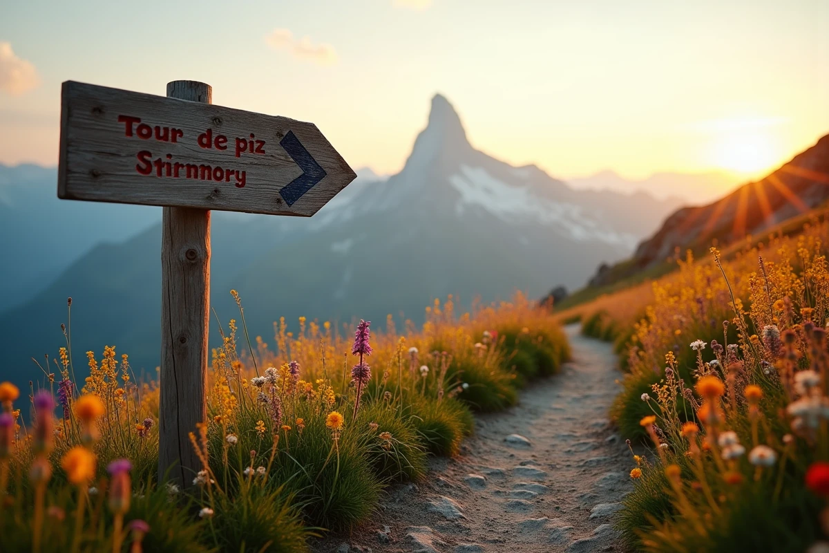 Sentier alpin désert avec panneau directionnel vers la Tour de Piz entouré de fleurs sauvages, illustrant la tranquillité en dehors des heures de pointe touristiques