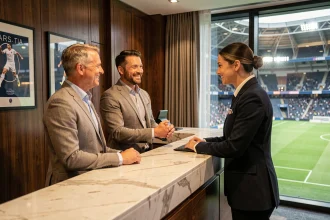 Couple élégant à la réception d'une suite hôtelière VIP dans le Parc des Princes avec vue sur la pelouse