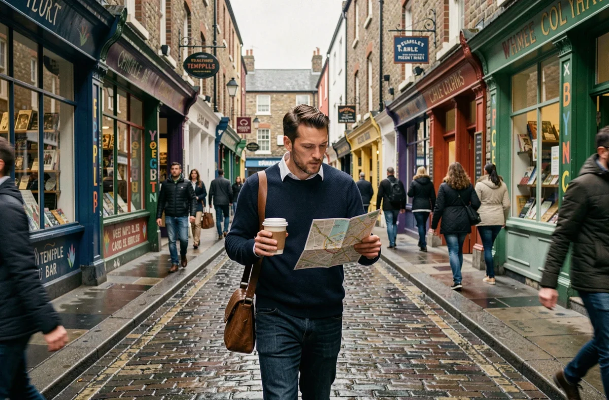 Touriste explorant le quartier Temple Bar à Dublin avec une carte pendant un city-trip de 3 jours