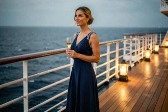 Femme élégante en robe de soirée longue bleue sur le pont d'un bateau de croisière MSC au coucher du soleil