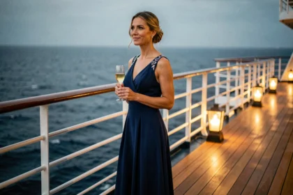 Femme élégante en robe de soirée longue bleue sur le pont d'un bateau de croisière MSC au coucher du soleil