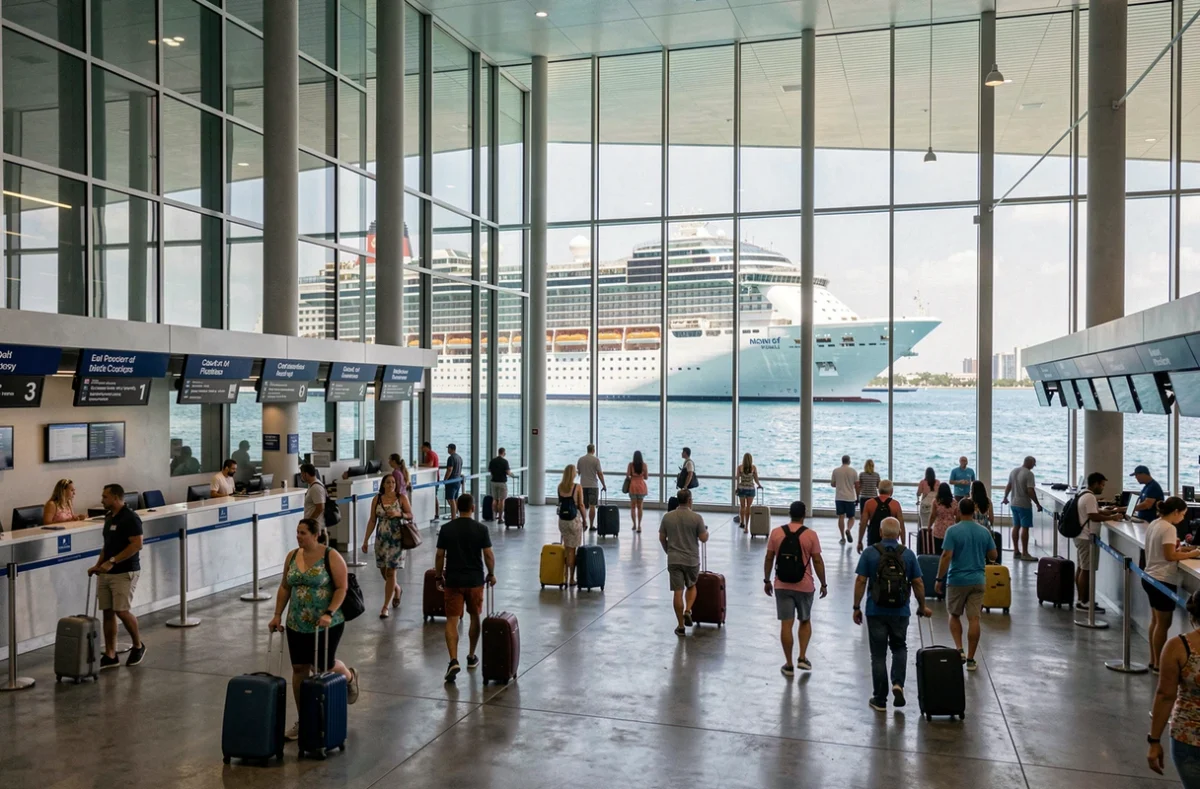 Terminal de croisière animé du port de Miami le jour de l'embarquement vers les Caraïbes