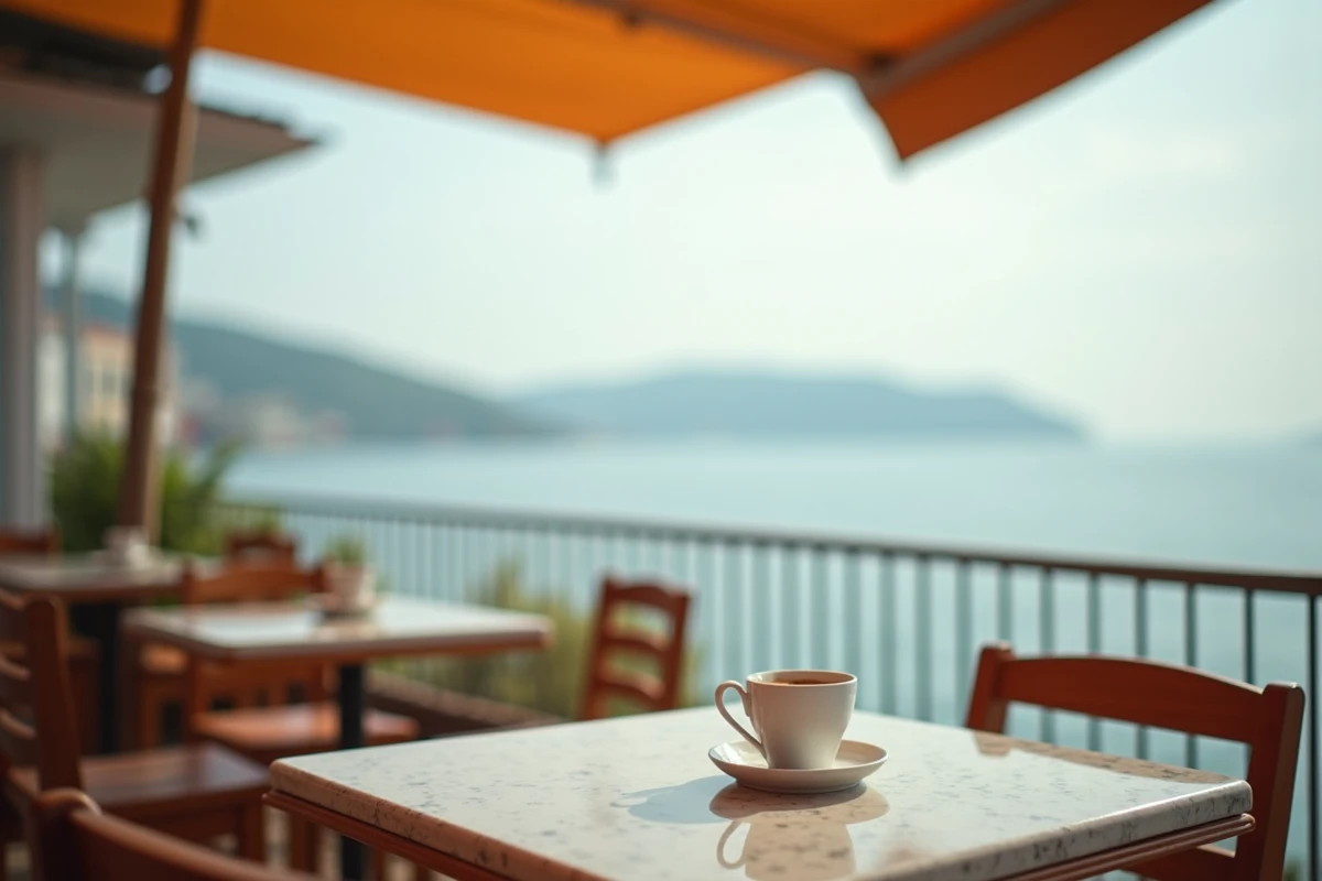 Terrasse de café vide en bord de mer sur l'île de Chalki à Rhodes en Grèce, atmosphère paisible hors saison avec vue sur la mer Égée