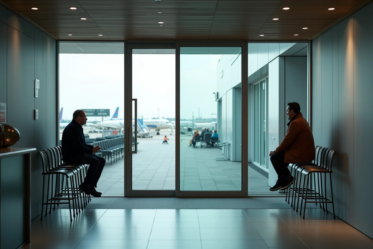 Terrasse fumeurs extérieure accessible depuis le hall de départ d'un aéroport avec passagers adultes