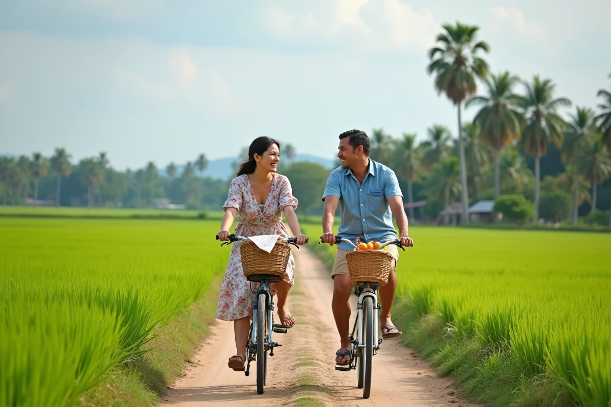 Couple de voyageurs à vélo dans les rizières verdoyantes de la campagne cambodgienne près de Battambang