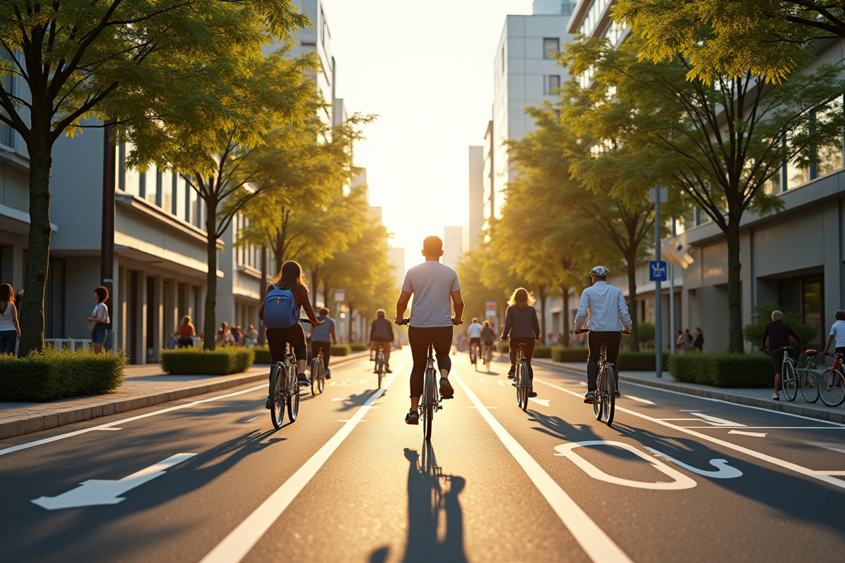 Vélos en ville avec pistes cyclables et architecture écologique